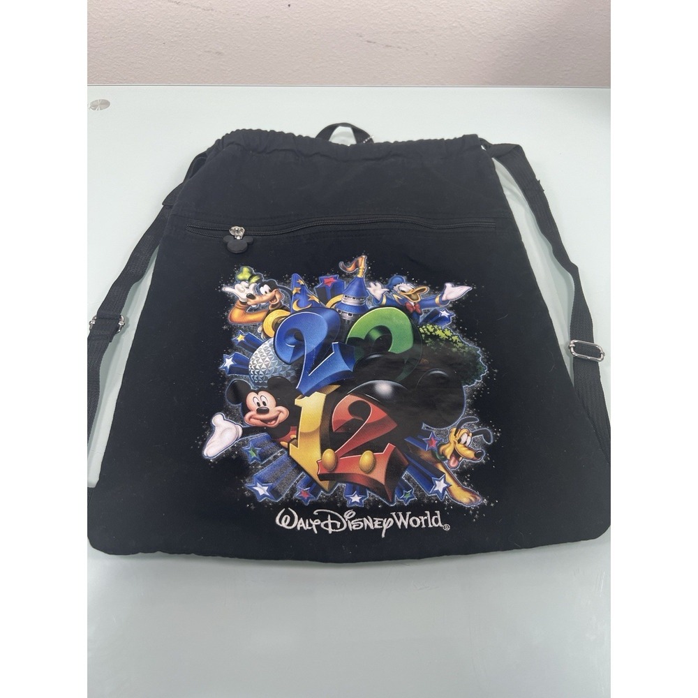 Disney Parks 2012 Drawstring Bag Mickey Donald Pluto Goofy Black Backpack
